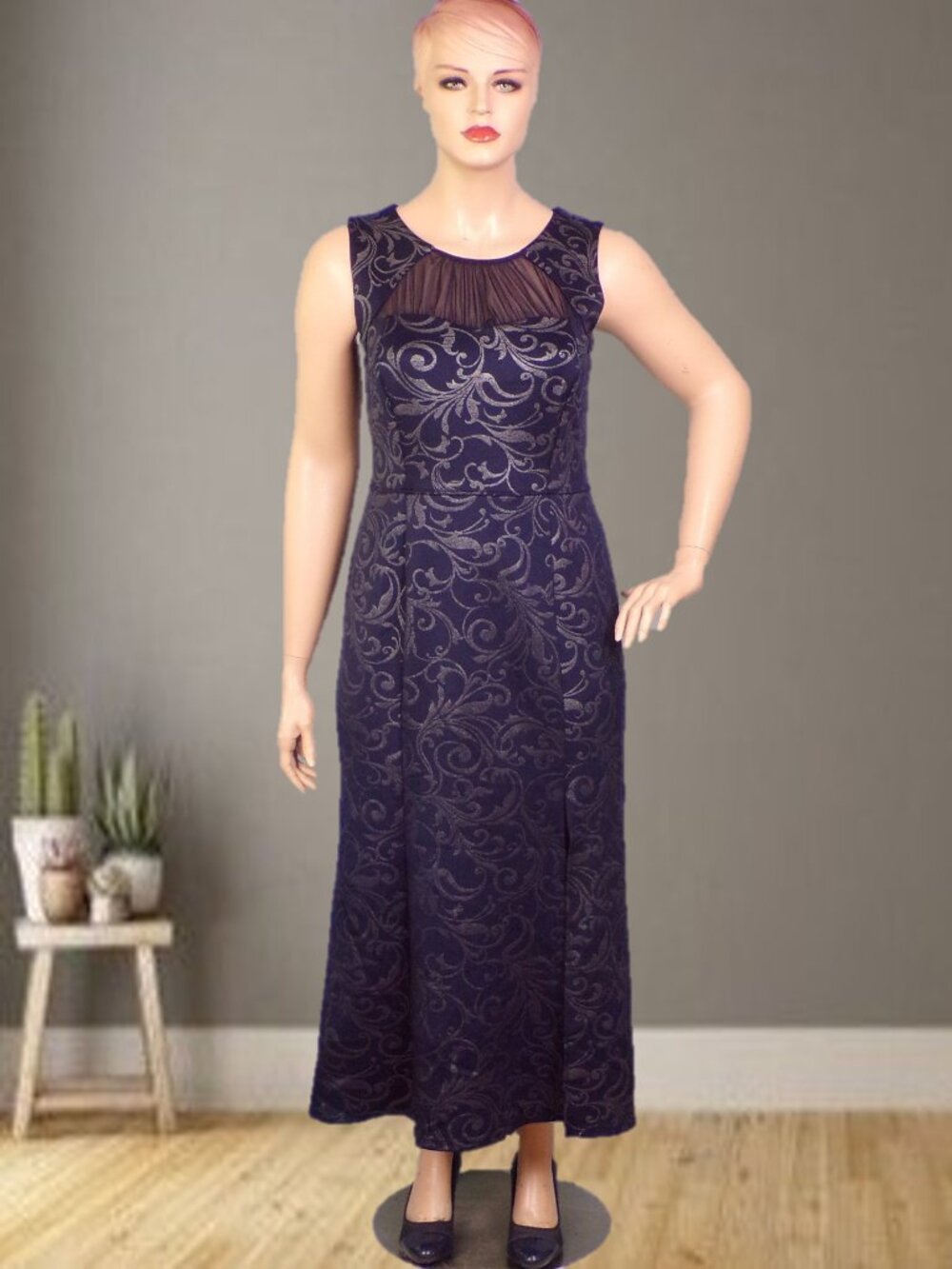 ENFOCUS WOMEN 16W midnight-blue/silver sleeveless maxi special-occasion gown